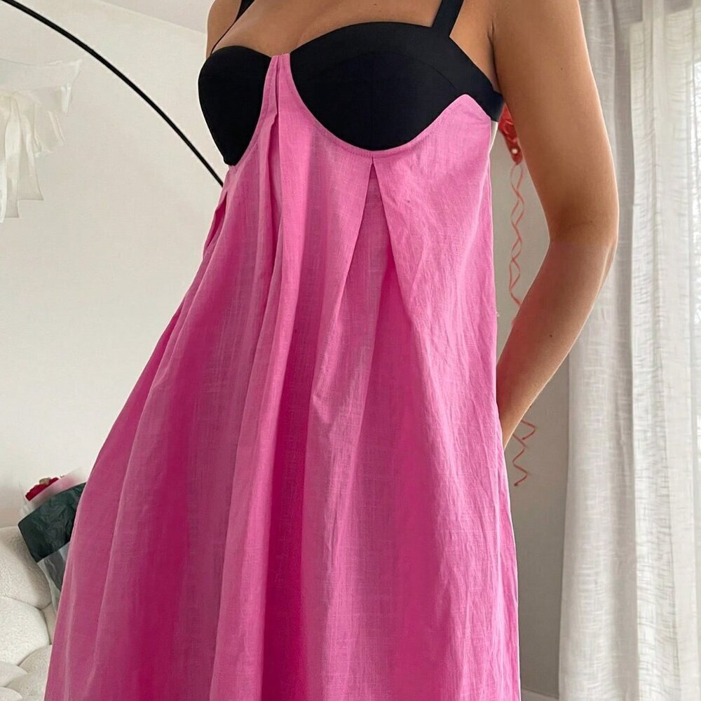 Multicolor Casual Women's Contrast Color Pleated Loose Maxi Slip Dress - Picture 5 of 6